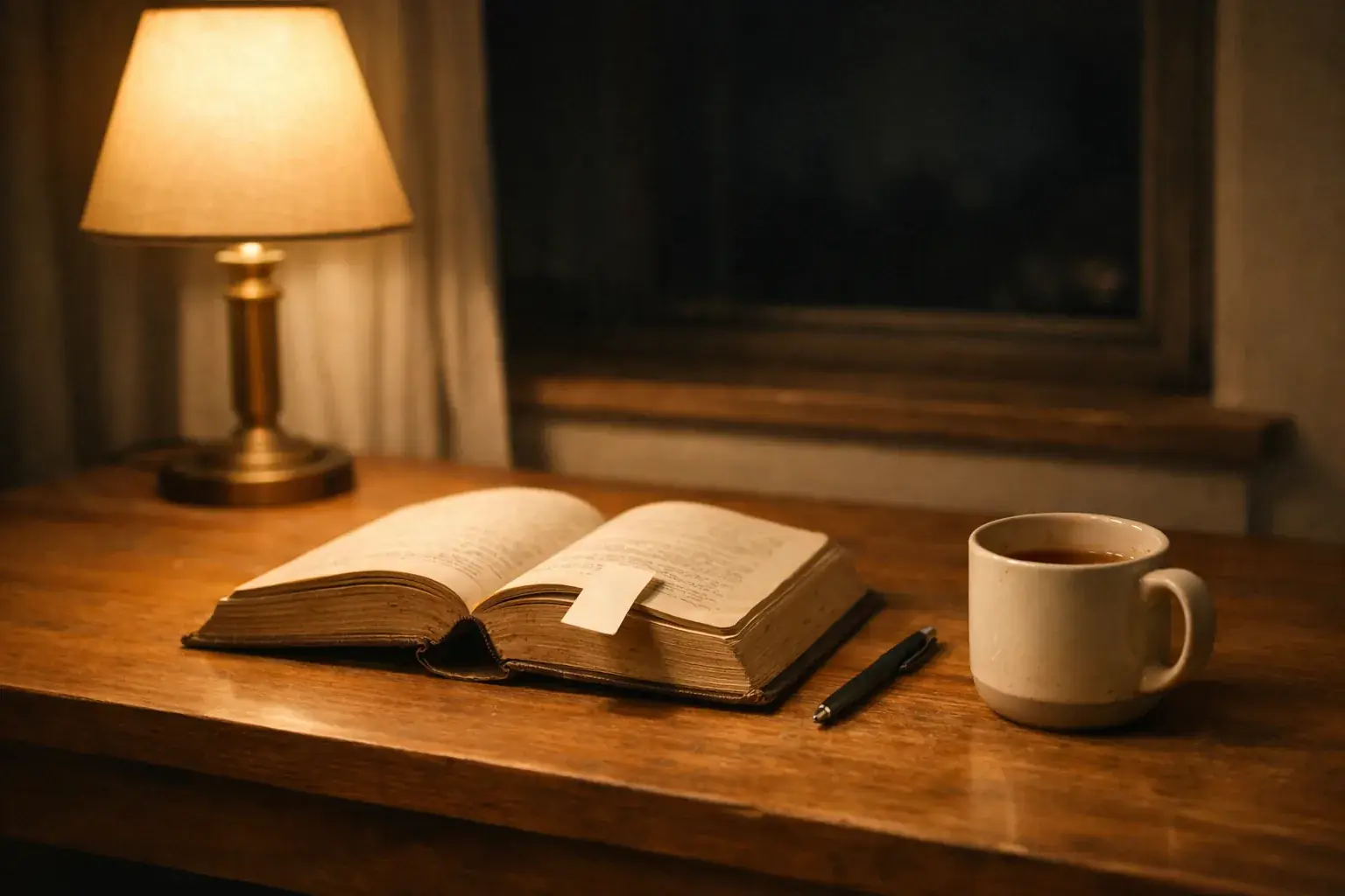 An old hardback book lying open on a wooden desk with a paper bookmark across the page, a pen and a mug of tea beside it, lit by a single brass lamp against a dark window at night.