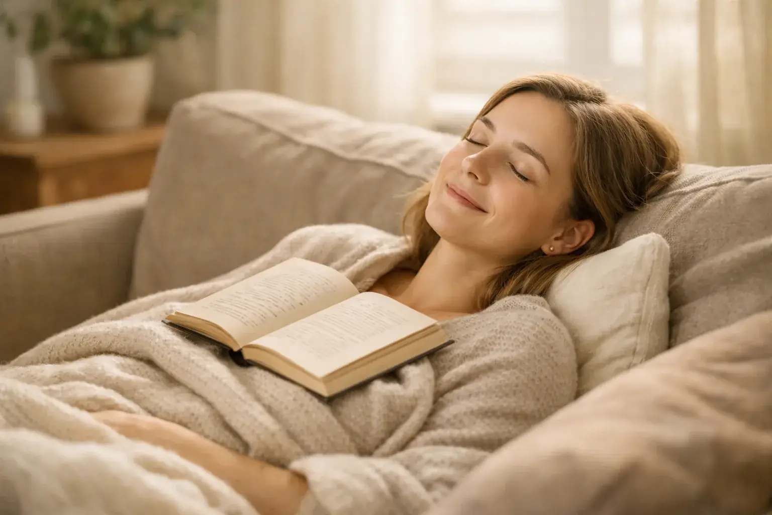Under a knit blanket on the sofa, a woman lies smiling with her eyes closed and an open book resting on her chest.