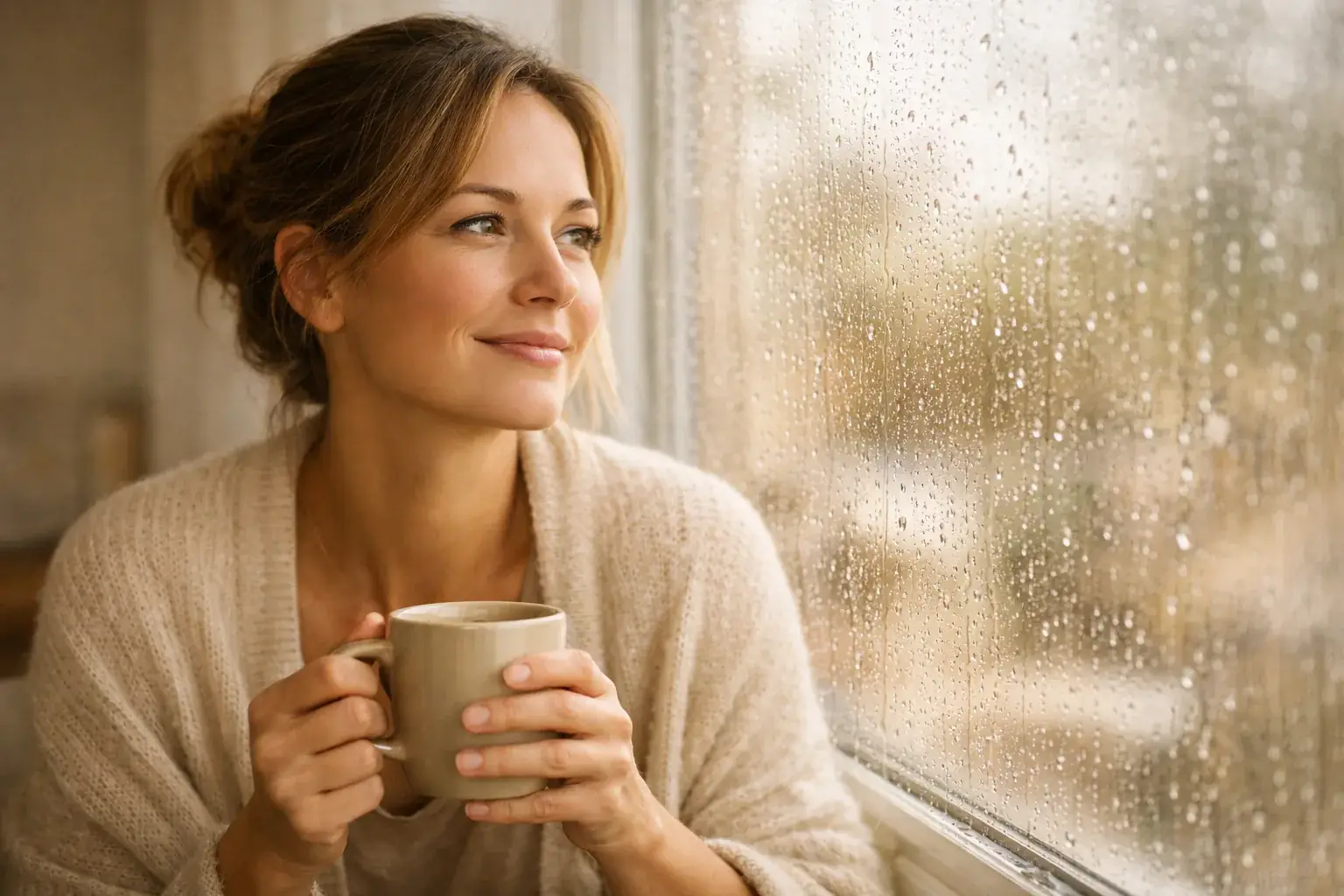 A woman holds a warm mug beside a rain-speckled window, gazing out with a small, reflective smile.