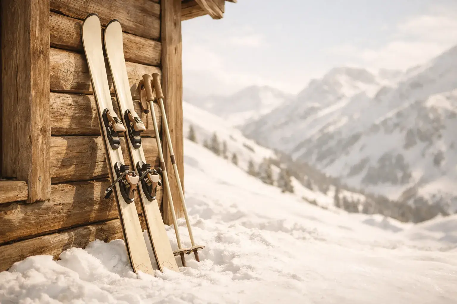 A pair of skis and poles lean against a log cabin wall above snowy mountain slopes in bright winter sun.