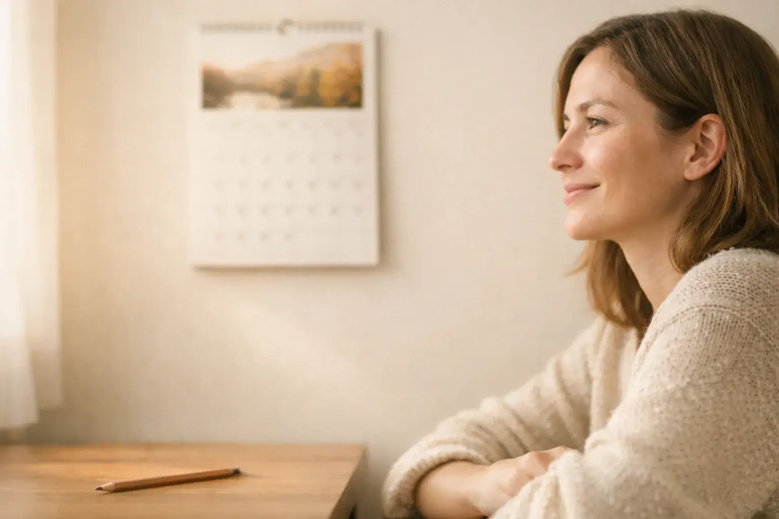 A woman in a cream jumper sits at a wooden desk with a pencil on it, looking away from a wall calendar in warm afternoon light.