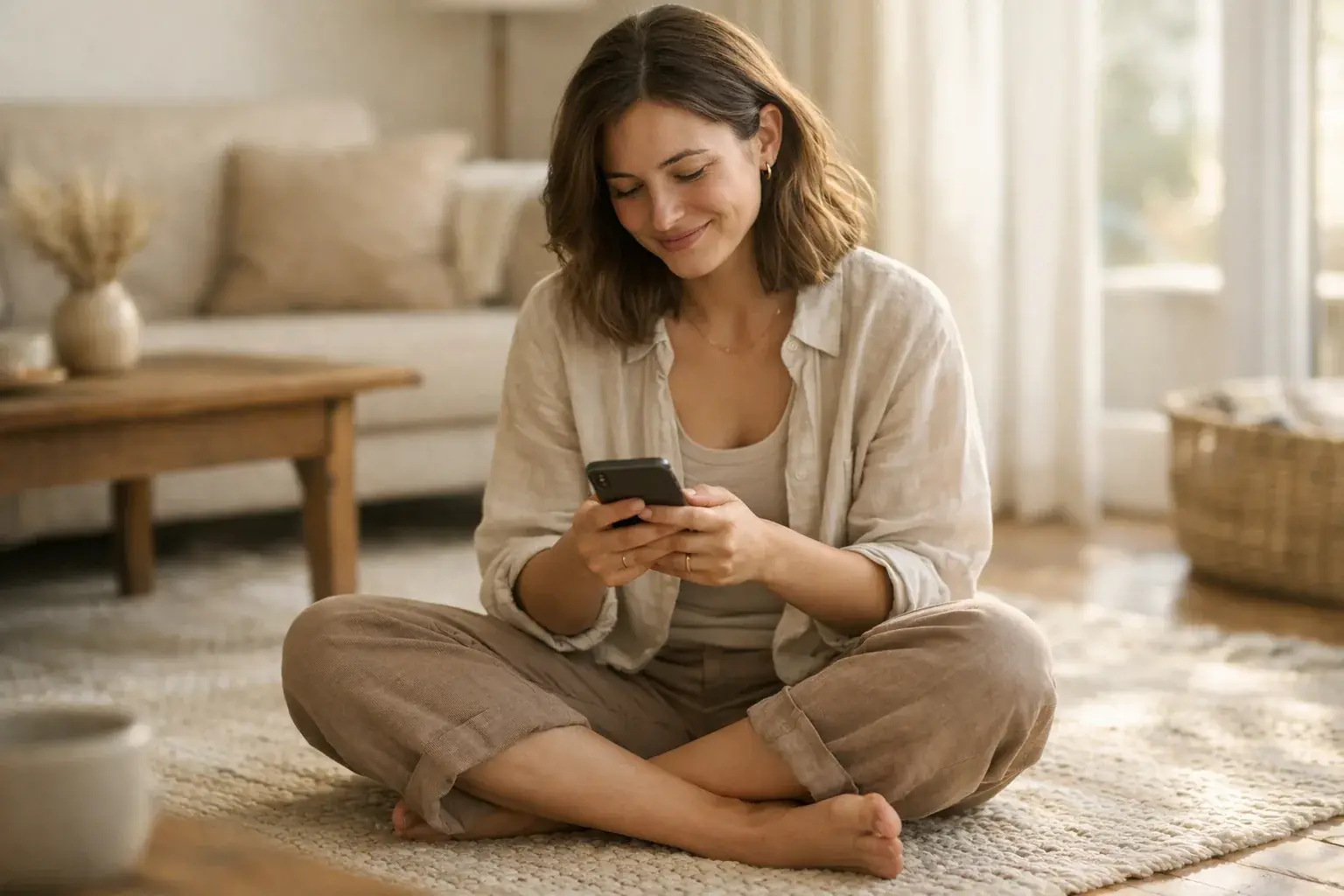 A woman sits cross-legged on a living-room rug, smiling down at her phone in soft window light.