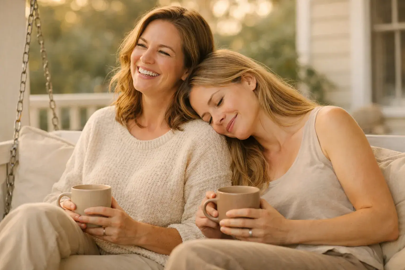 Two women share a porch swing holding mugs, one laughing while the other rests her head on her shoulder with her eyes closed.