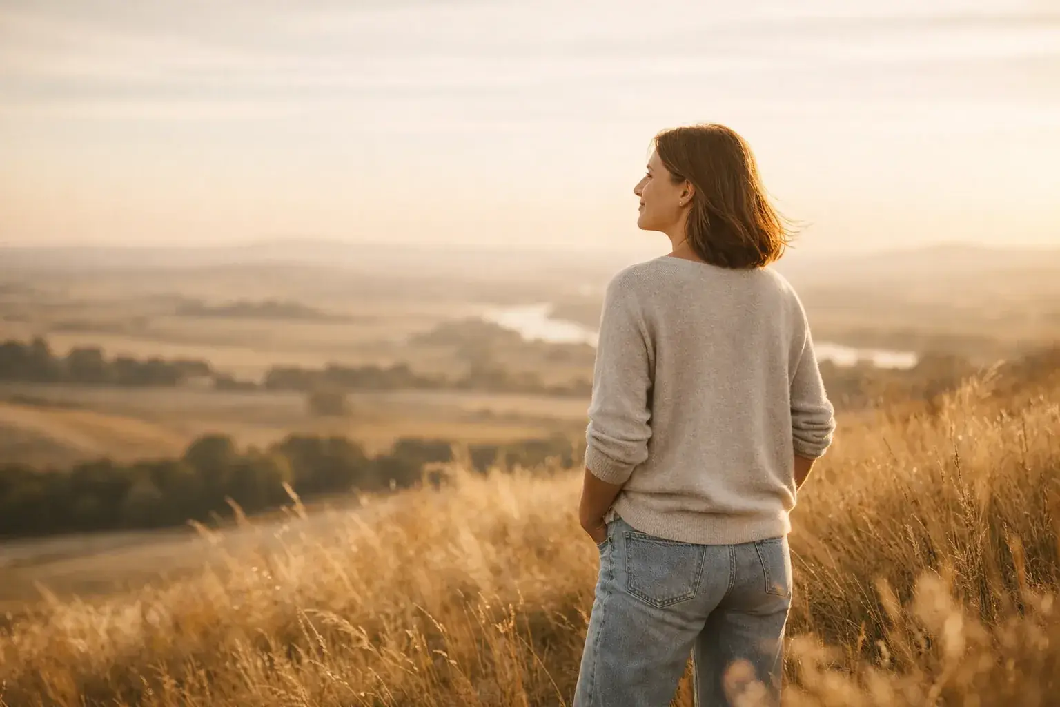 A person stands atop a grassy hill at golden hour, looking over a landscape with a hopeful, forward-looking expression.