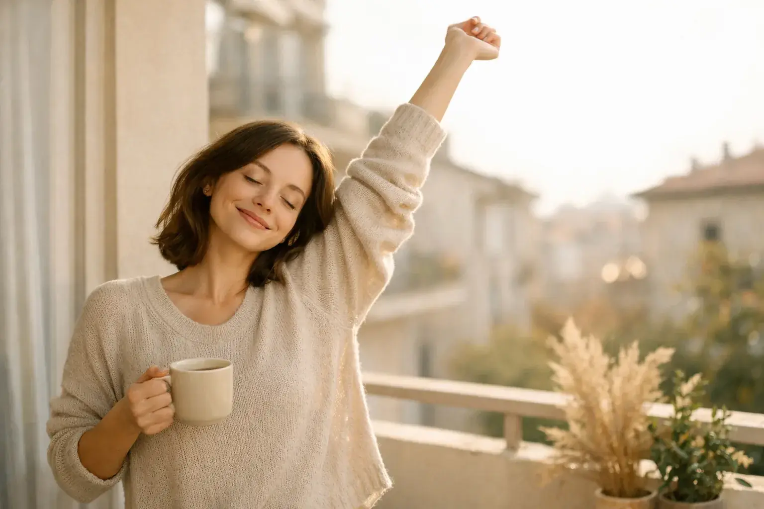 A woman in a cream knit sweater stands on a balcony in early morning light, eyes closed and smiling, one arm stretched overhead and a mug of coffee in her other hand, with rooftops and dried pampas grass behind her.