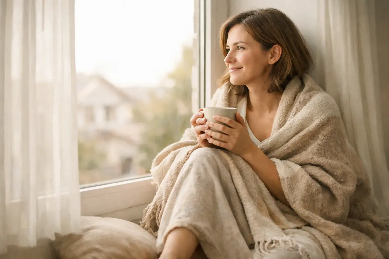 A woman wrapped in a soft blanket sits on a windowsill in morning light, holding a mug with both hands, calm and reassured.
