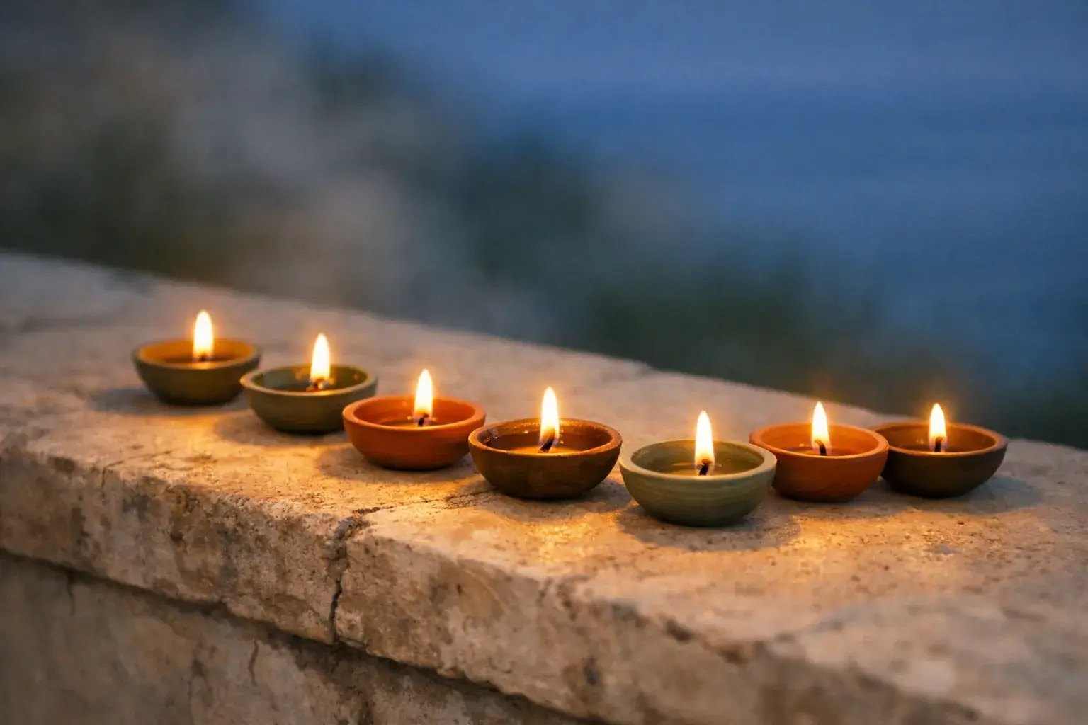 Seven small clay and ceramic oil lamps lit in a row along a pale stone ledge at dusk, their flames throwing warm overlapping pools of light on the stone, blue evening water blurred behind.