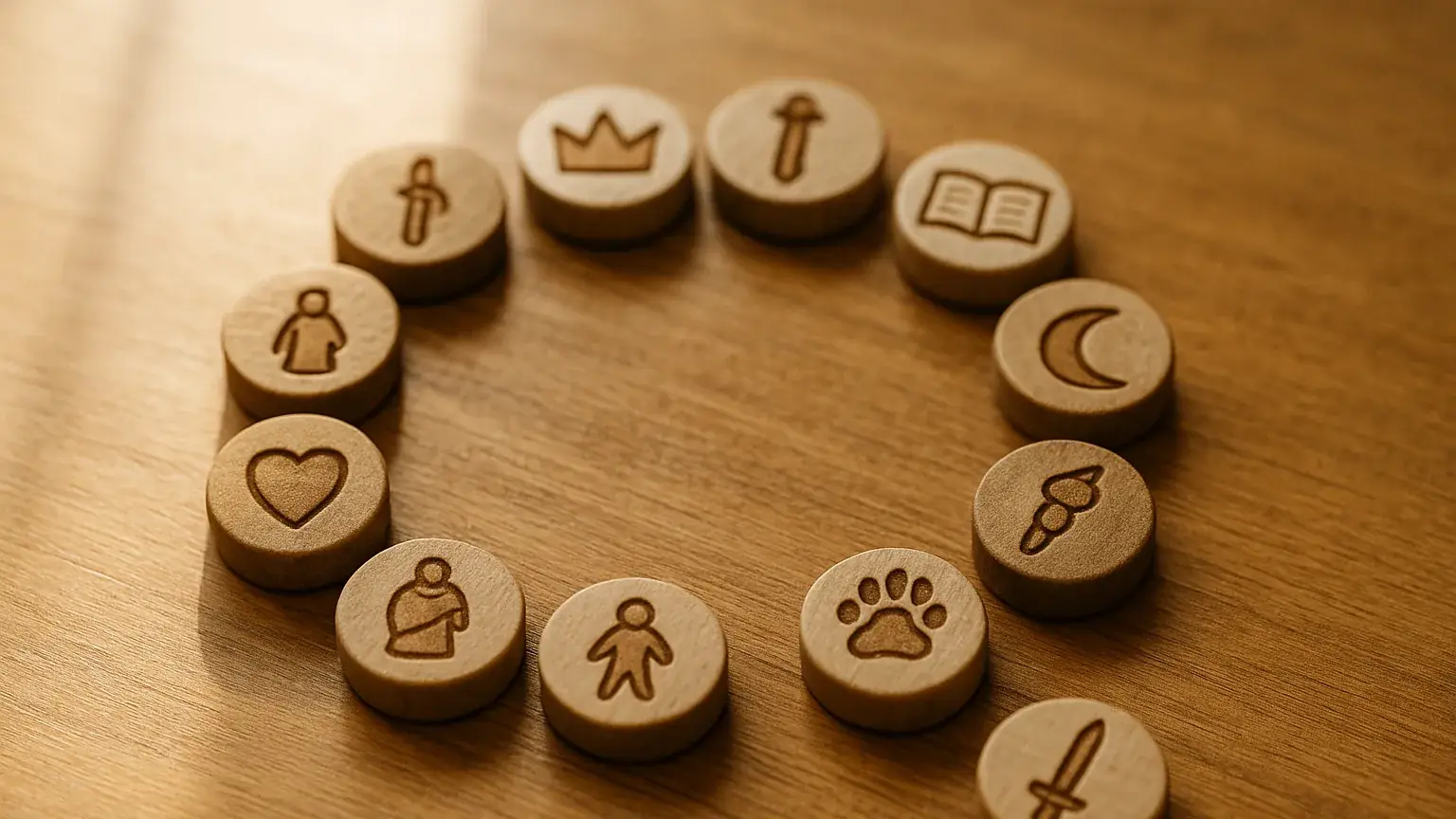 Twelve engraved wooden discs in a ring on an oak table — a crown, open book, crescent moon, heart, paw print, swords and small figures — one per archetype.