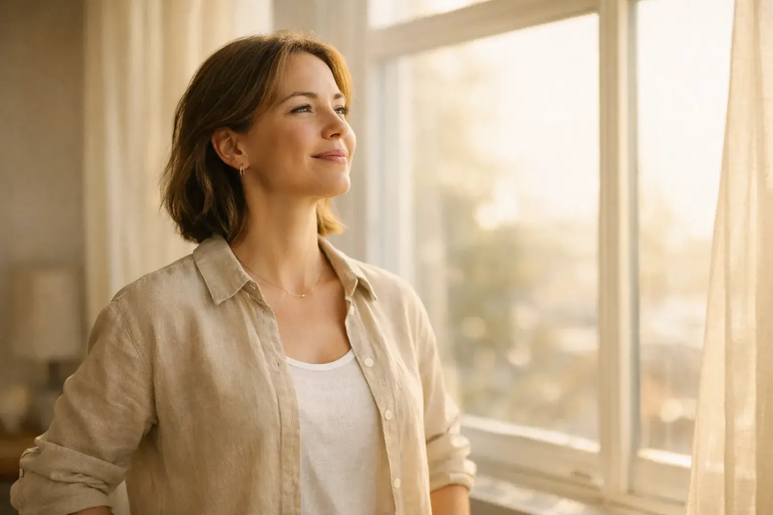 A person stands tall by a sunlit window, shoulders back, chin lifted, looking out, quietly confident and content.