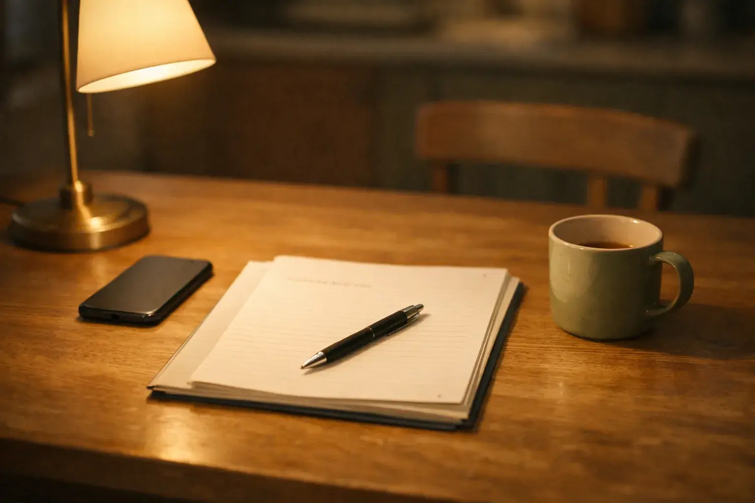A lined notepad on a wooden table at night with a pen resting across it, a phone face-down beside it, and a mug of tea, lit by a single warm desk lamp.