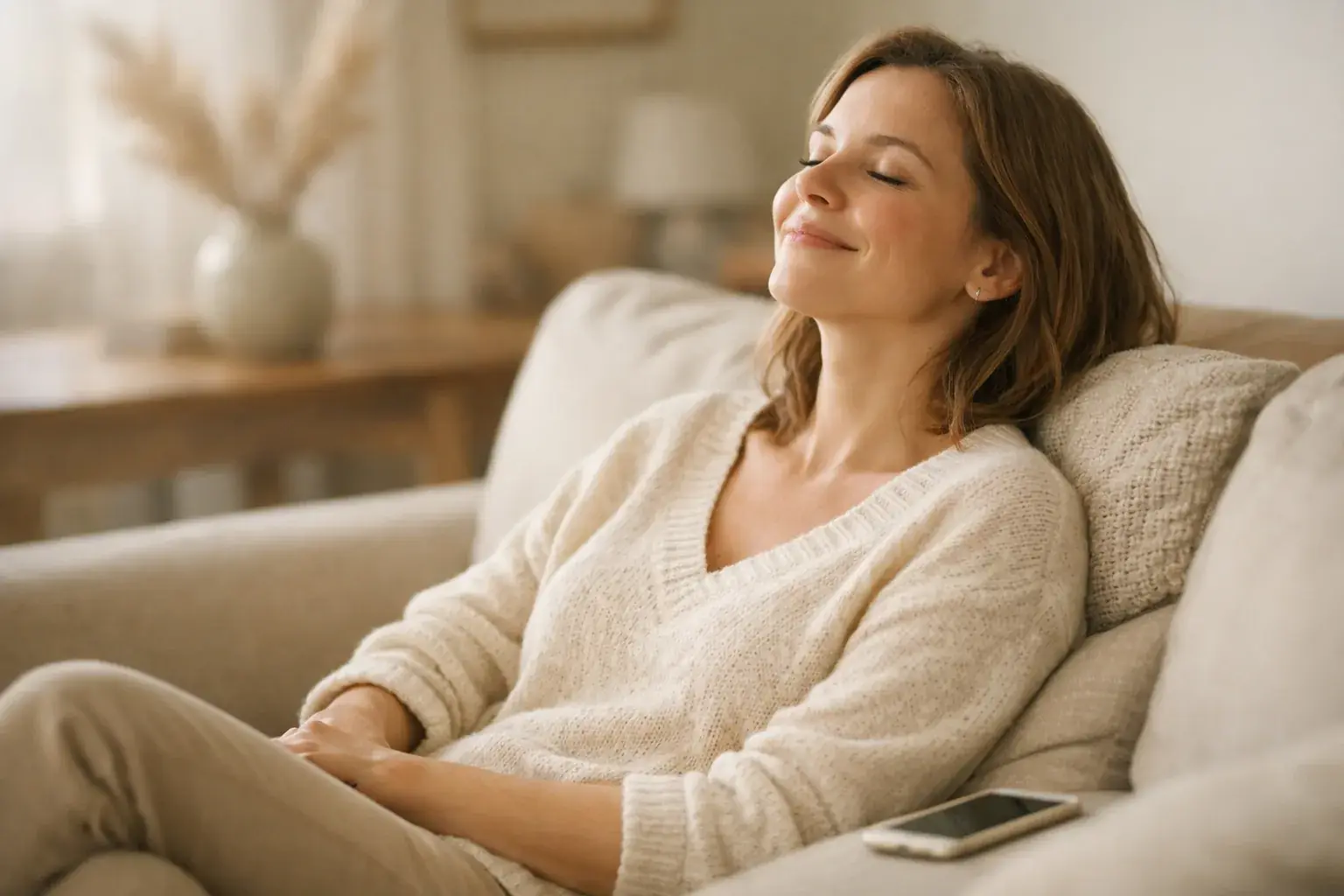 A woman leans back on a couch with her eyes closed and a soft smile, her phone set down on the cushion beside her.