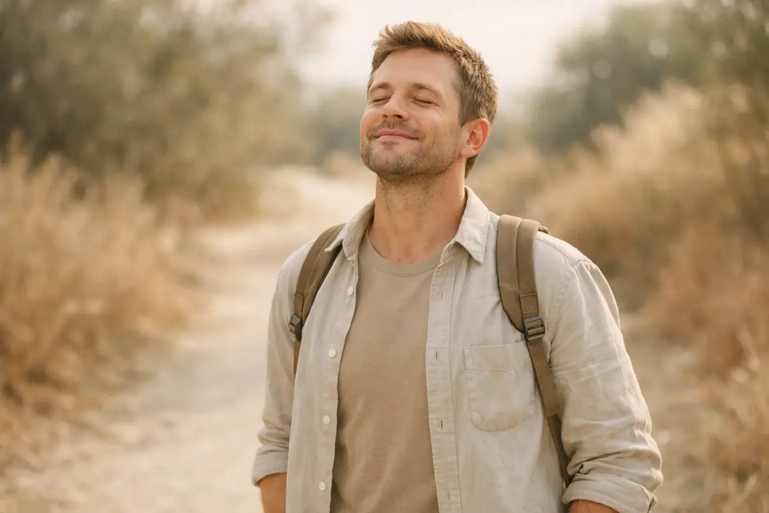 A man with a backpack pauses on a sunlit dirt trail, eyes closed, smiling as he takes a slow breath.