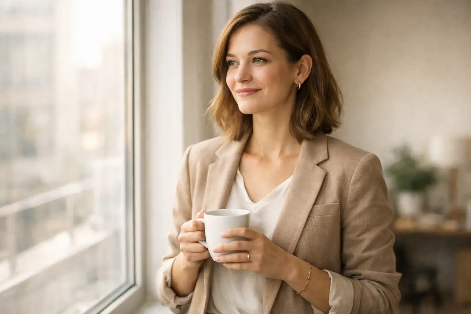 A woman in a linen blazer holds a coffee cup by a bright office window, smiling with quiet confidence.