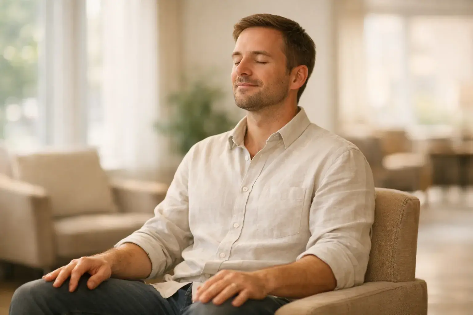 A man in a linen shirt sits in an armchair in a bright waiting room, eyes closed, breathing calmly.