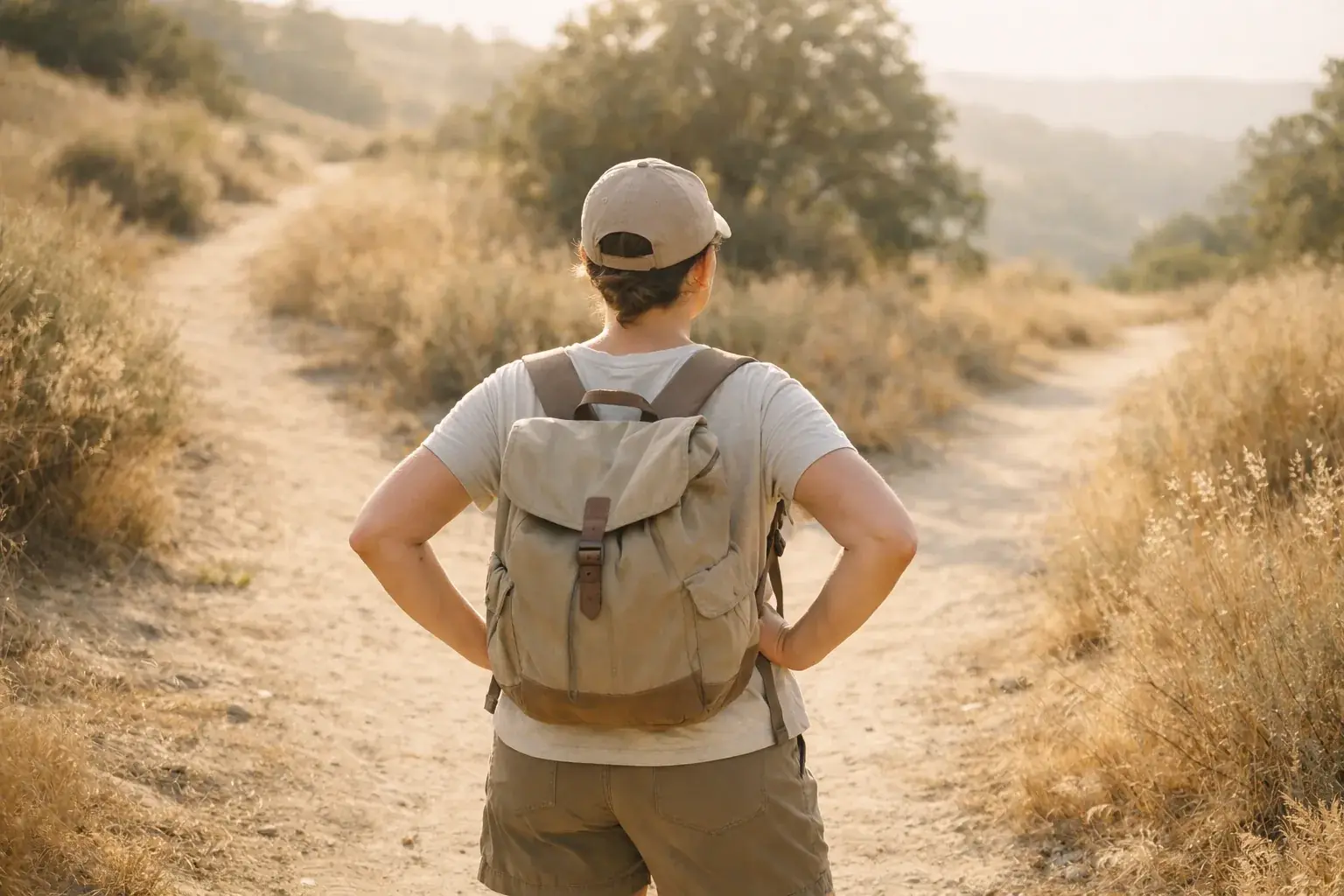 A person stands where a sunlit hiking trail forks, hands on hips, looking ahead with a determined, hopeful expression.