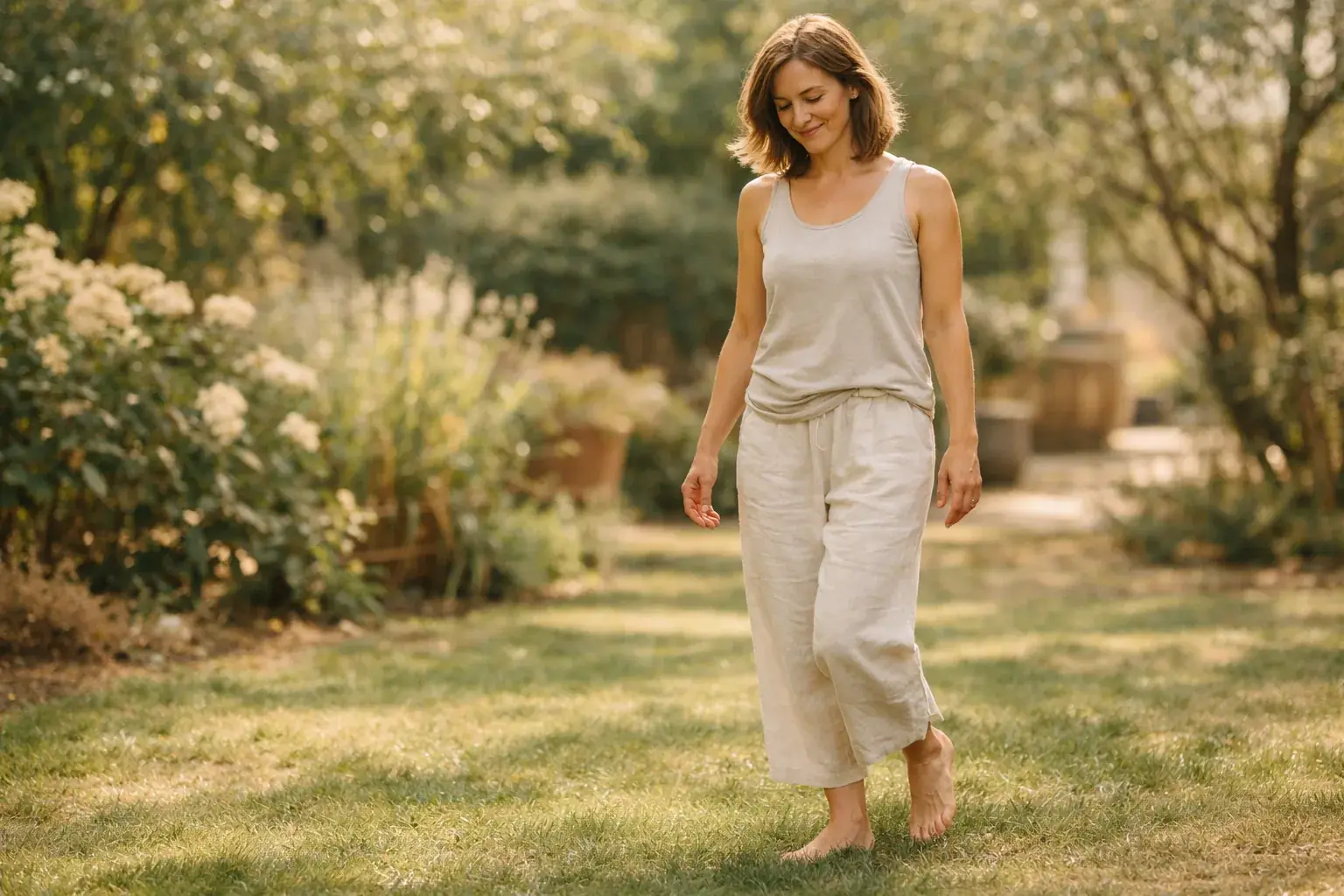 A person practices mindful walking barefoot on soft grass in a sunlit garden, arms relaxed, peaceful and present.
