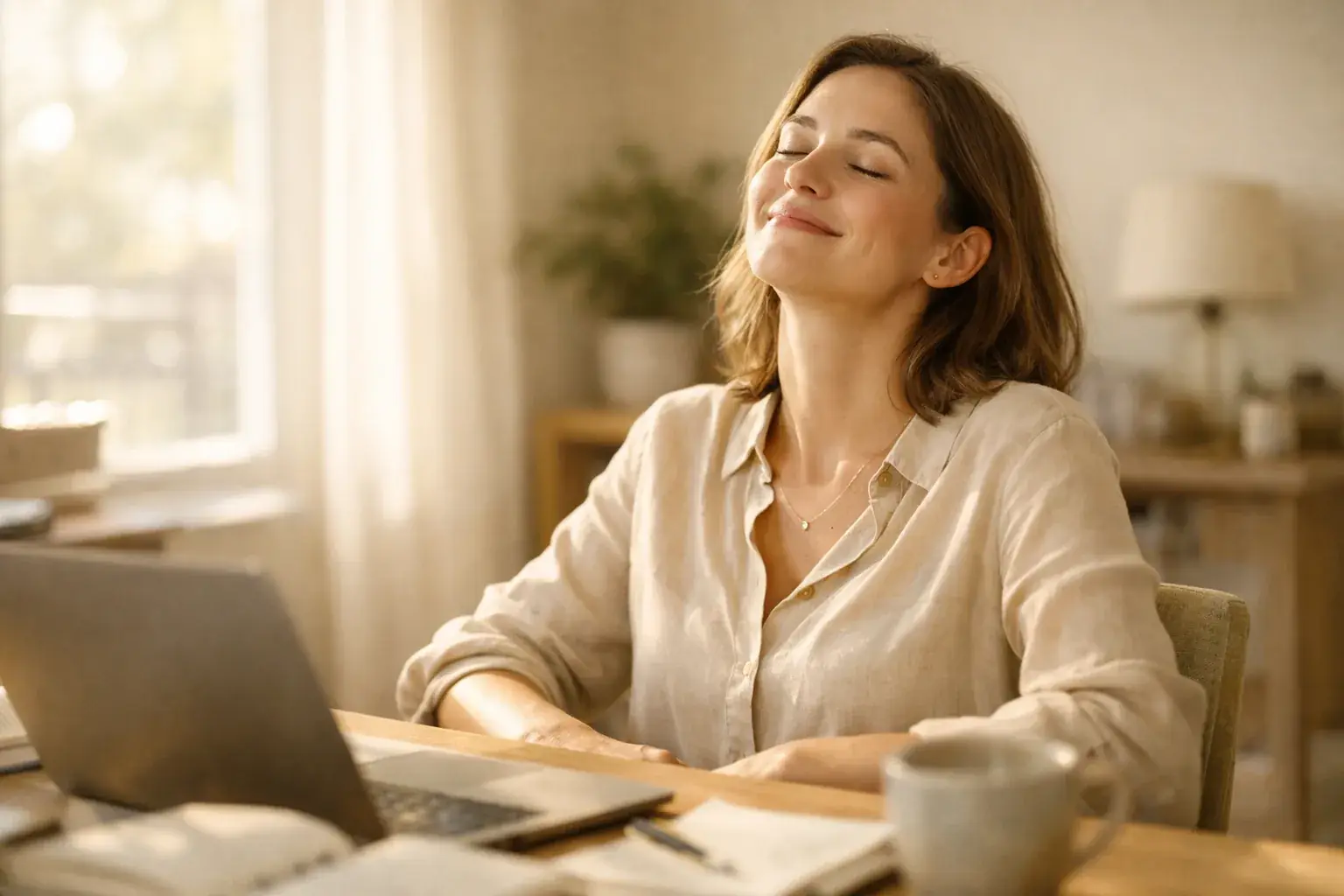 A woman leans back from her laptop at a sunlit desk, eyes closed and smiling, with a mug and an open notebook in front of her.
