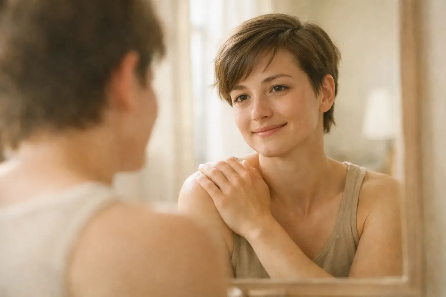A woman with short brown hair looks at her own reflection in a mirror, one hand resting on her shoulder, with a gentle smile.