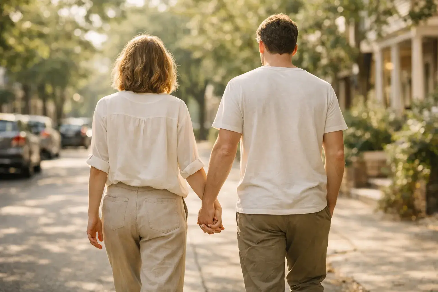 Seen from behind, two people stroll hand in hand down a quiet street lined with trees in warm afternoon light.