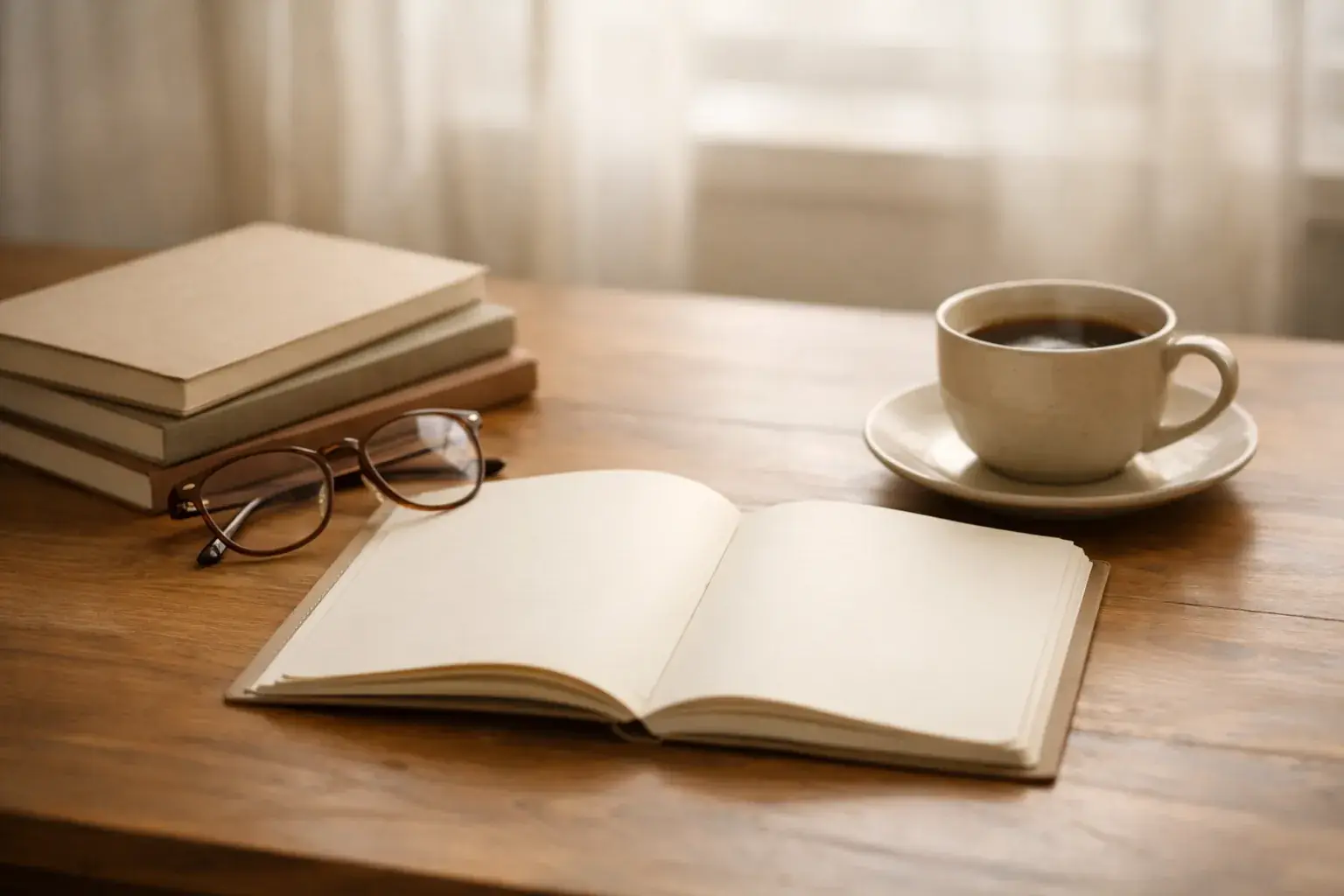 An open blank notebook, glasses, a stack of plain journals and a cup of coffee on a wooden desk.