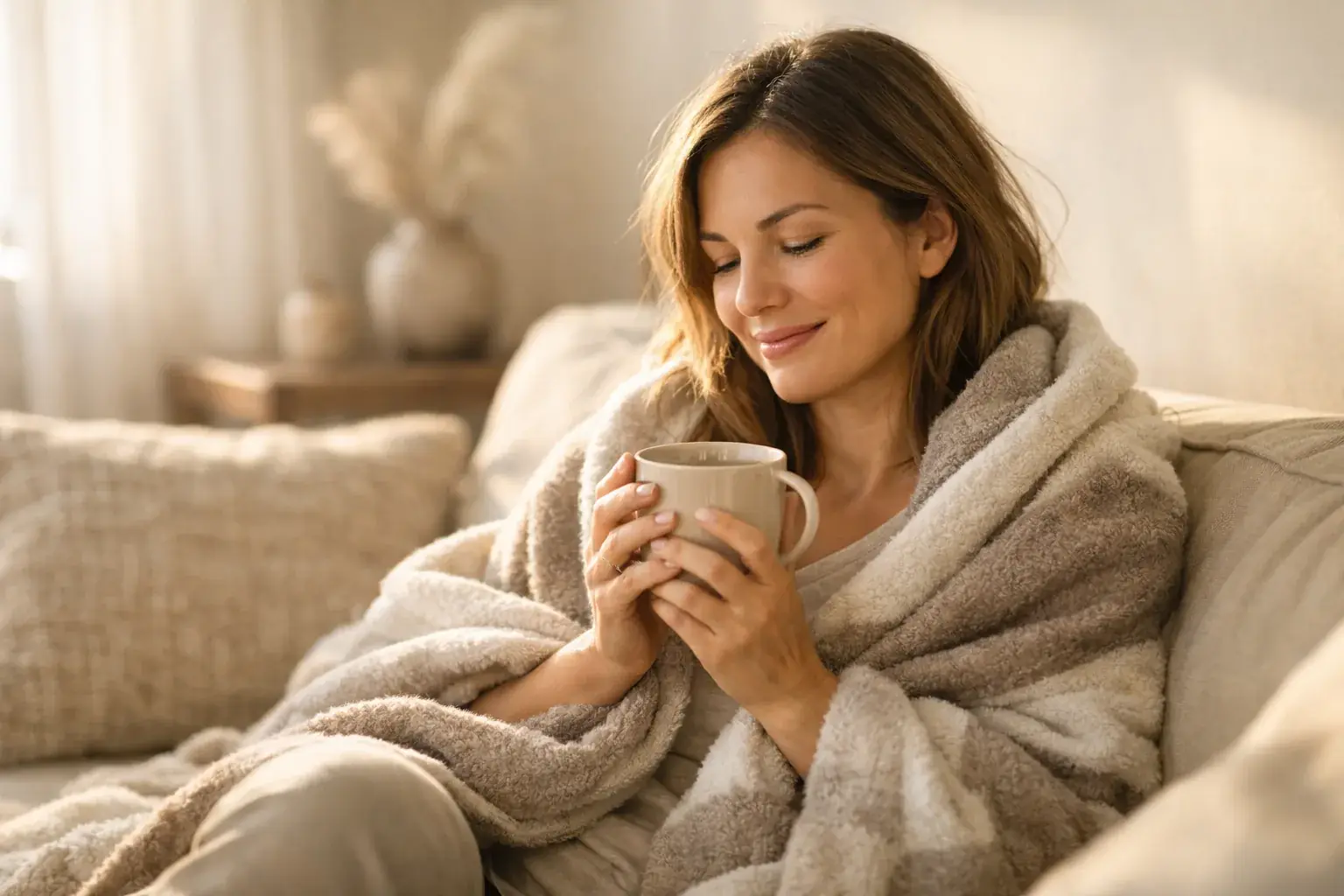 A woman wraps herself in a soft blanket on a couch in afternoon light, holding a mug, smiling in a quiet, content moment.