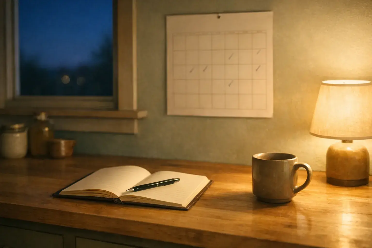A paper wall calendar hanging beside a dark kitchen window at night, a few day squares marked in pen, with an open notebook and a half-full mug on the counter below, lit by a single warm lamp.