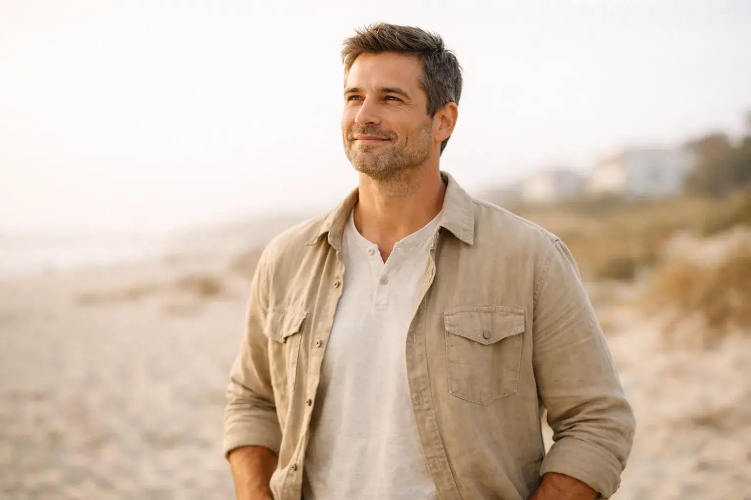 A man in a linen shirt stands on a beach in soft light, smiling as he looks into the distance.