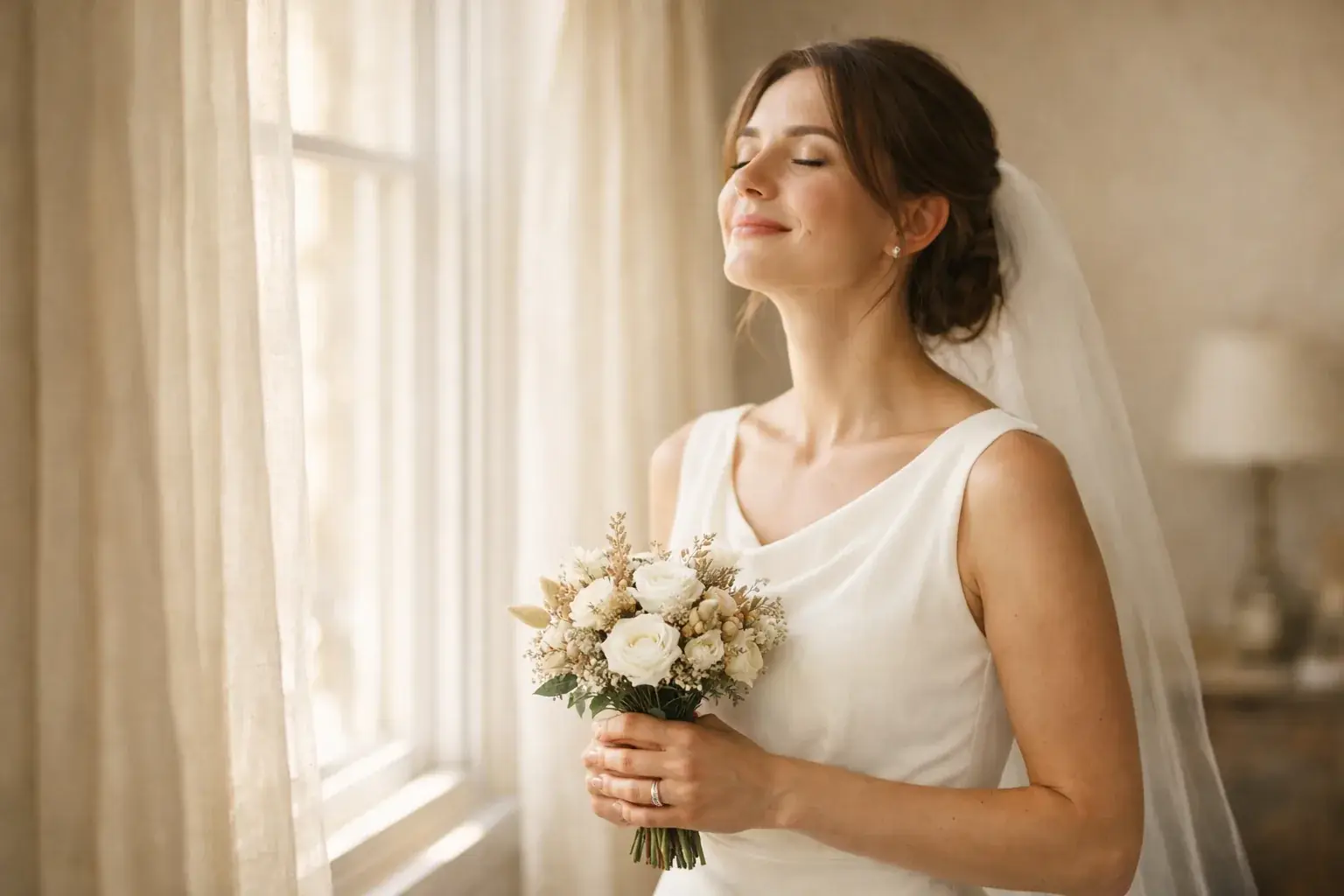 A bride in a white dress stands by a sunlit window before the ceremony, taking a steadying breath with a hopeful smile.