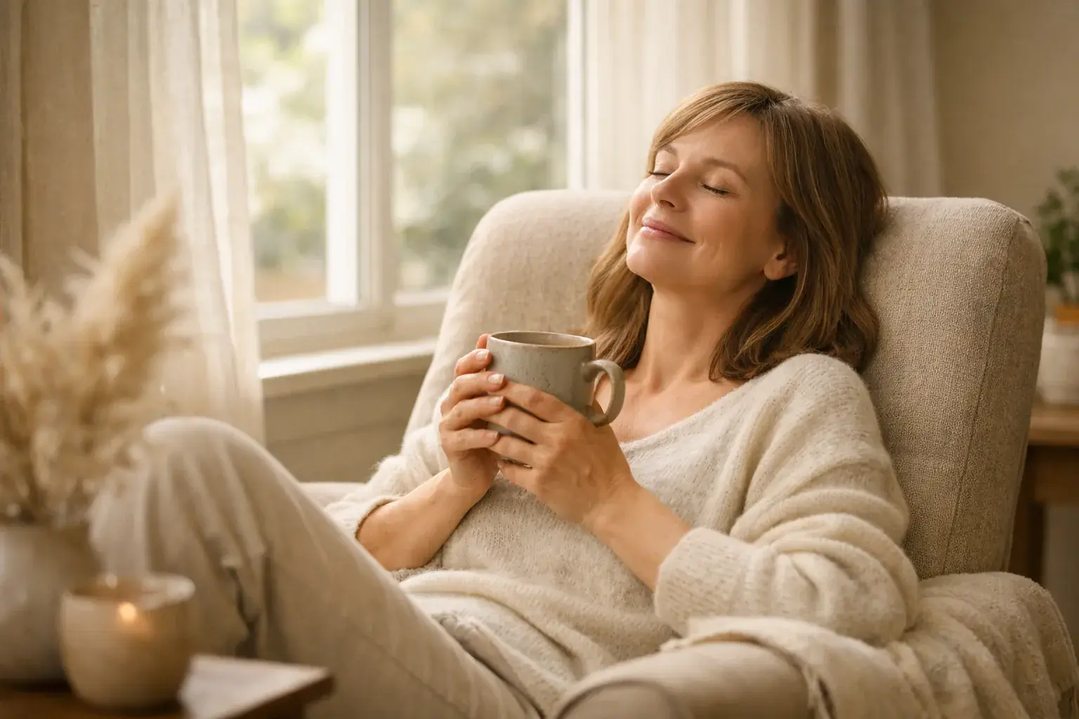 A person relaxes in a cozy armchair by a sunlit window, tea in hand, eyes closed and shoulders dropped in quiet relief.