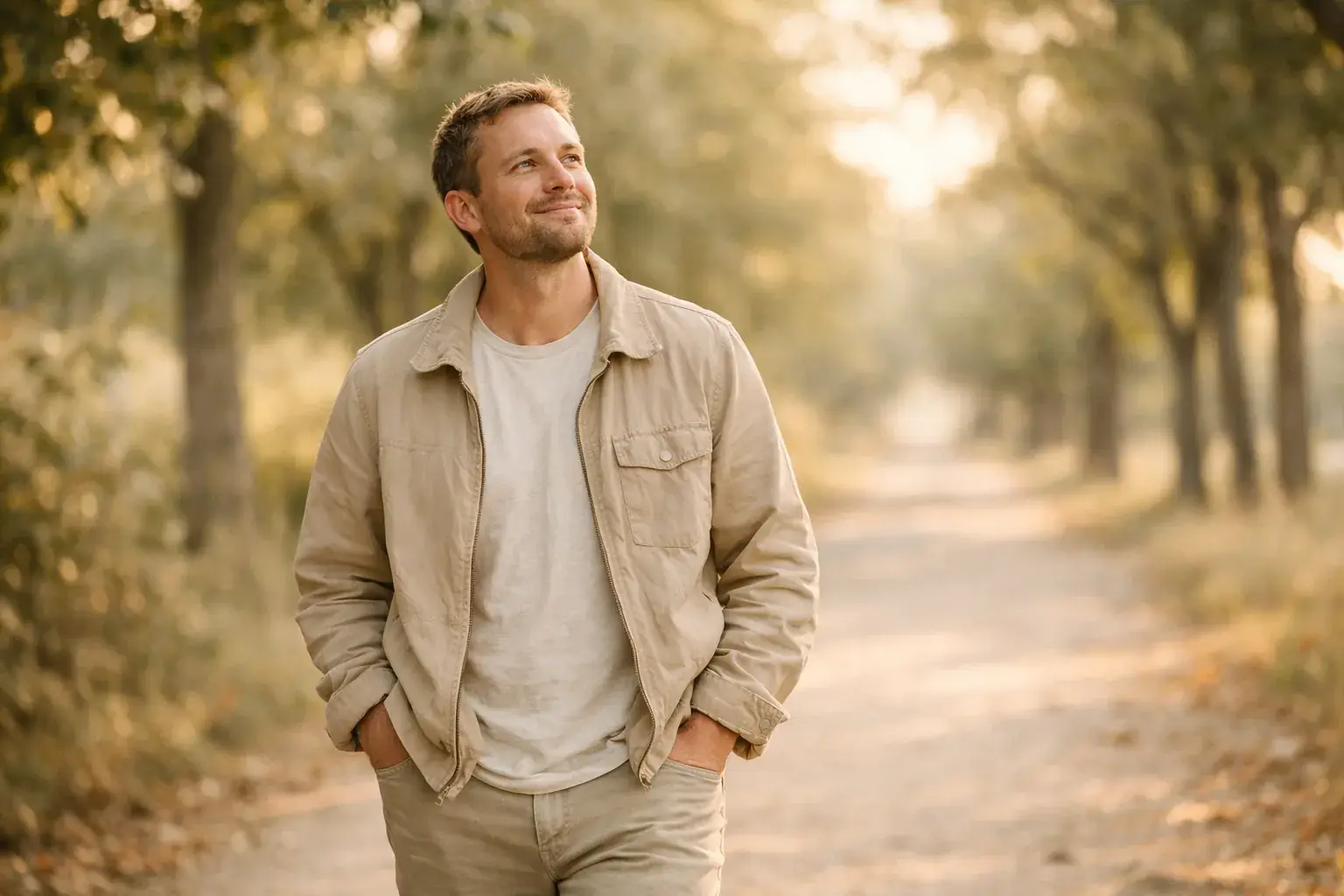 A person walks along a tree-lined path in evening light, hands in pockets, looking up with a calmer, lighter expression.