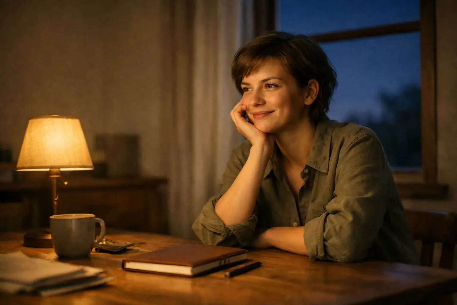 A woman sits at a wooden desk in warm lamplight, chin resting on her hand, a closed notebook and mug in front of her.
