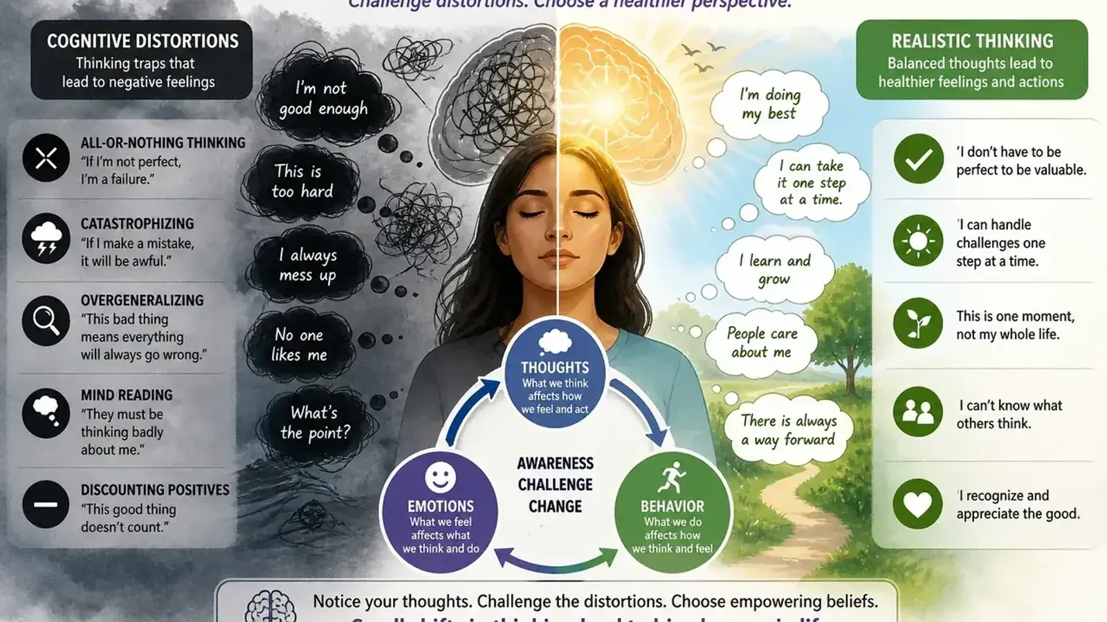 Infografía dividida: el rostro de una mujer pasa de pensamientos distorsionados en gris tormenta a un lado verde de pensamiento equilibrado.