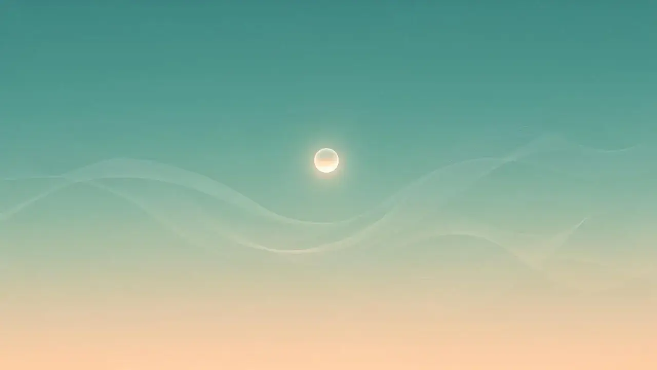 An abstract illustration of soft wavy lines and a glowing circle over a calming teal-to-peach gradient.