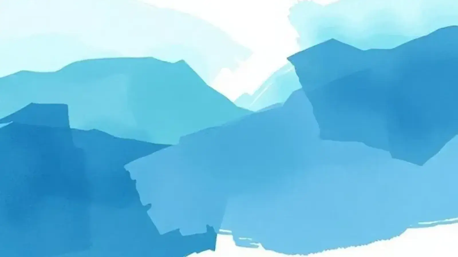 Overlapping blue watercolour shapes rise like a range of mountain ridges against a pale sky.