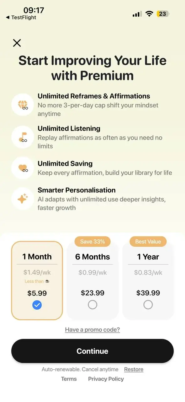MindLift Premium screen with three subscription plans and the 'Have a promo code?' link below them.