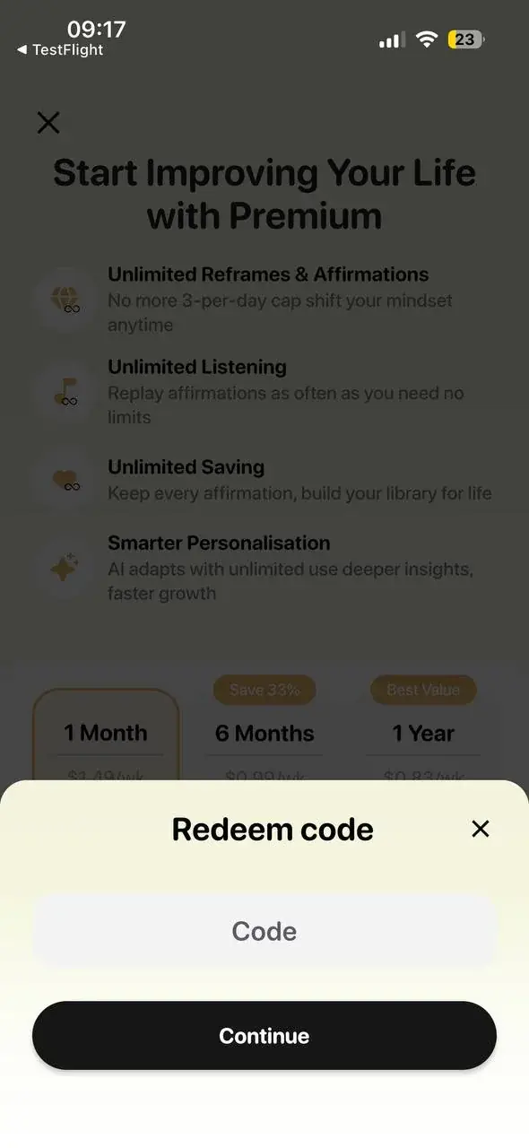 The Redeem code sheet sliding up over the MindLift Premium screen with an empty Code field.