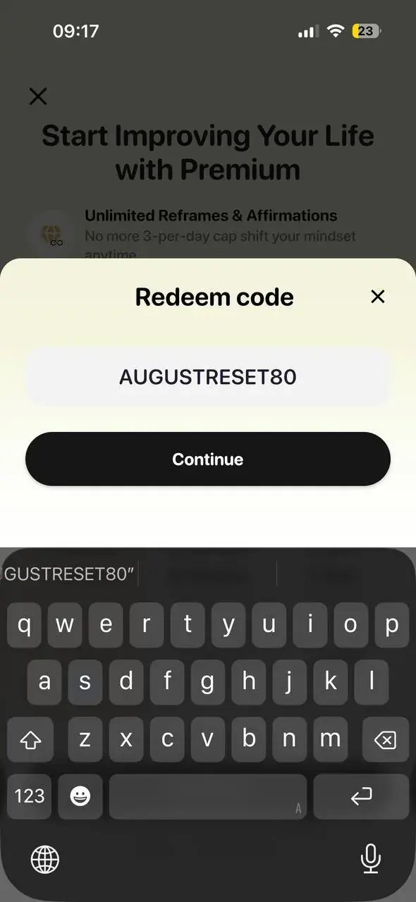 The Redeem code sheet with AUGUSTRESET80 typed into the field and a Continue button below.