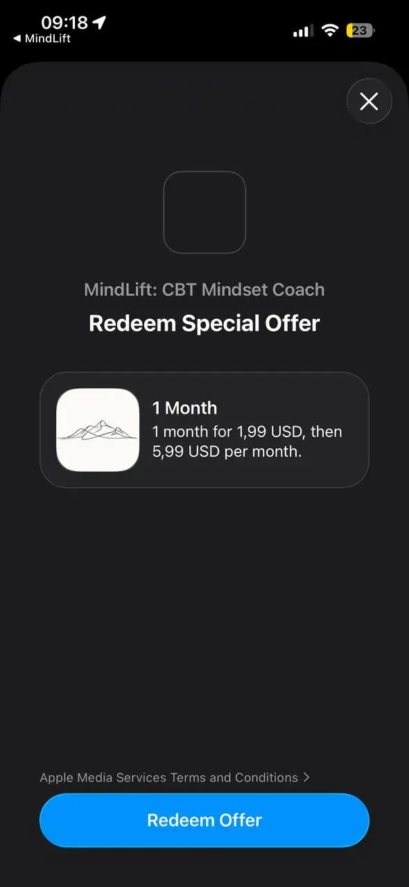 The App Store 'Redeem Special Offer' sheet showing the discounted first month and the renewal price, with a Redeem Offer button.