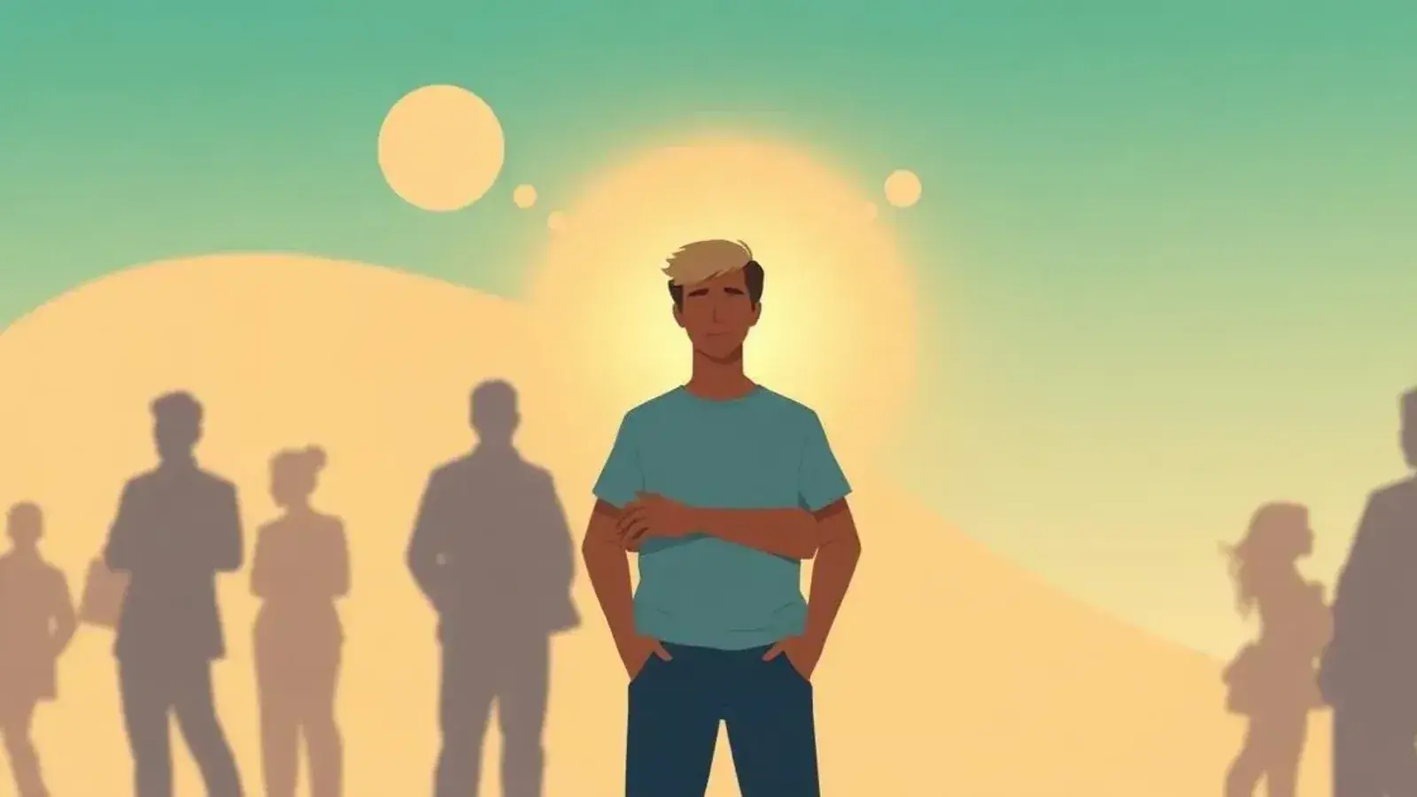 A man stands confidently with arms crossed amid faded crowd silhouettes, sunlight glowing behind his head.