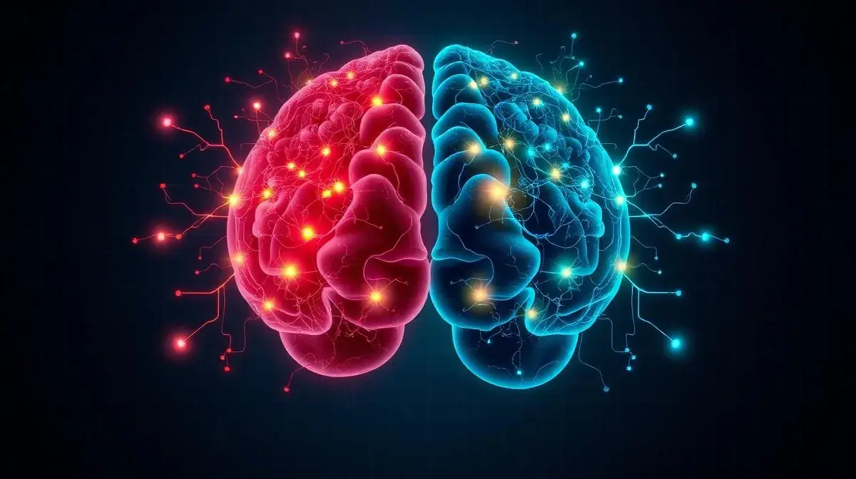 A brain split into a glowing red left half and blue right half, neural nodes branching outward on a dark navy background.