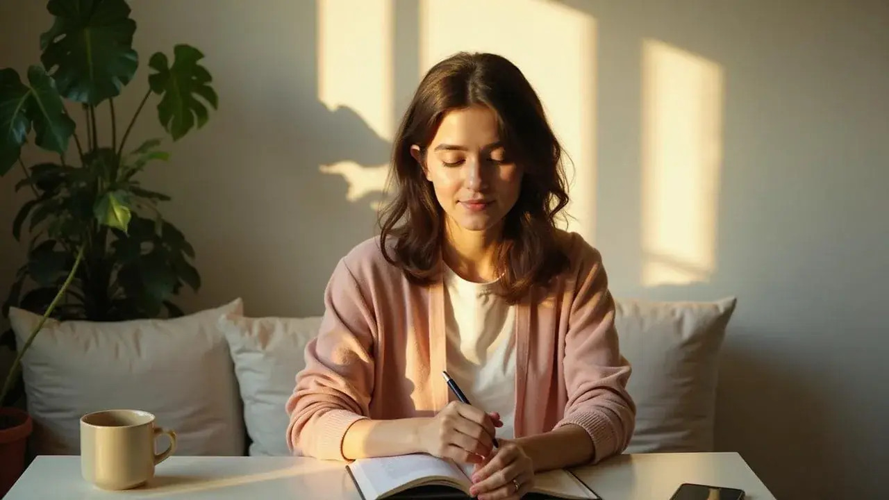 A woman in a pink cardigan sits on a couch writing in a journal, sunlight streaming through blinds.