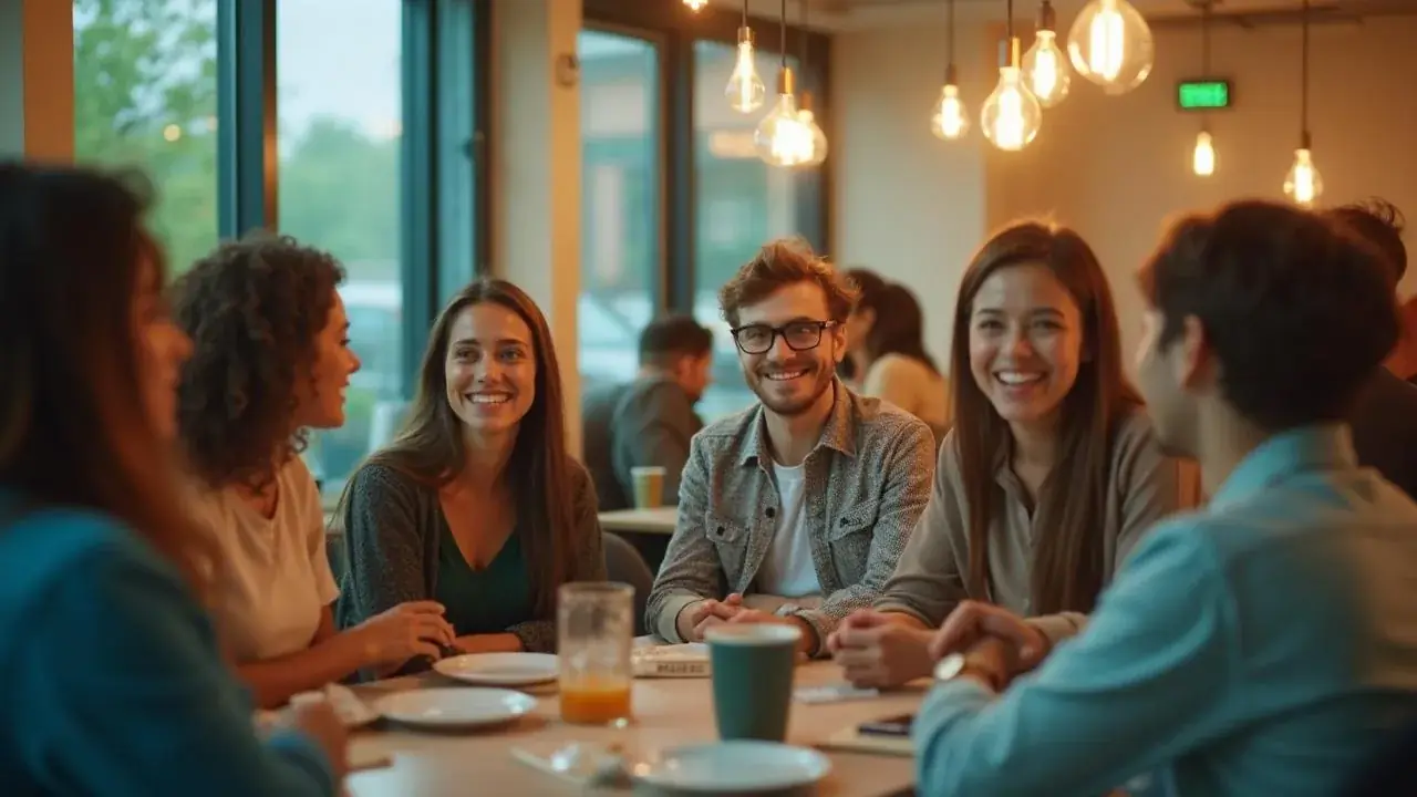 A table of friends smile and chat over drinks, lit by warm hanging bulbs in a cozy café.