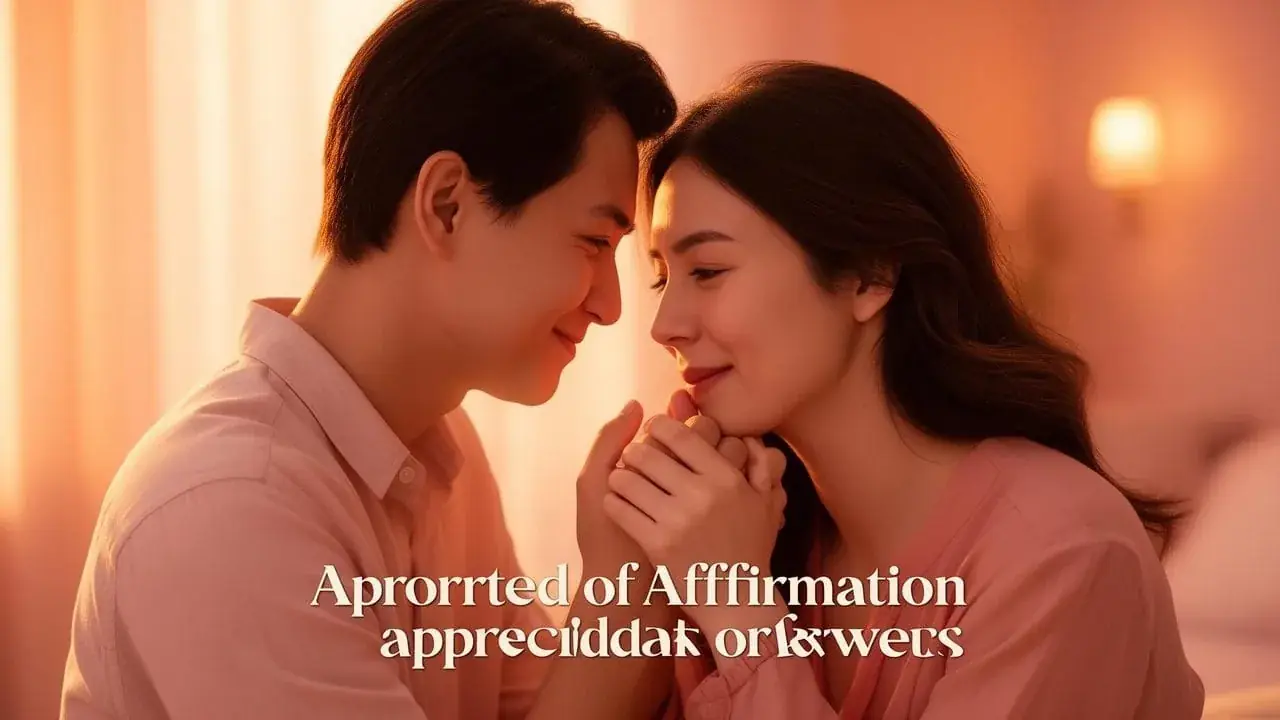 A close-up of a couple touching foreheads and clasping hands, smiling in warm pink light.