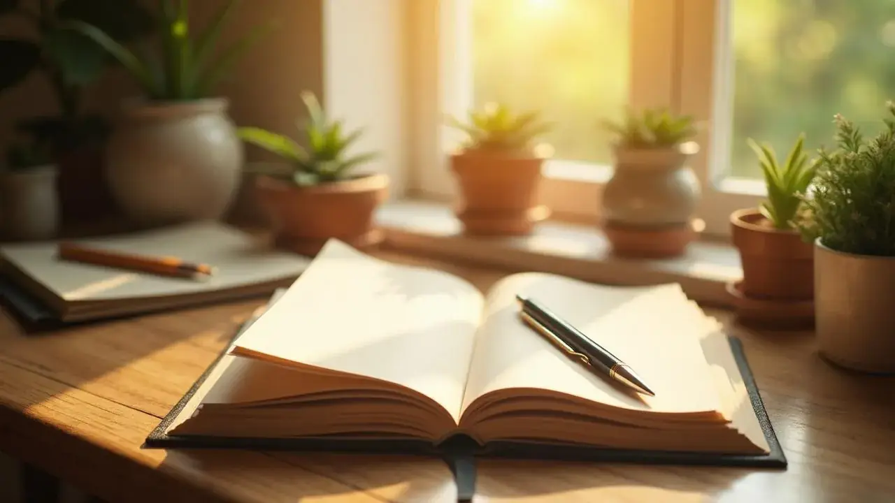 An open journal with a pen rests on a sunlit wooden table, surrounded by small potted plants near a window.