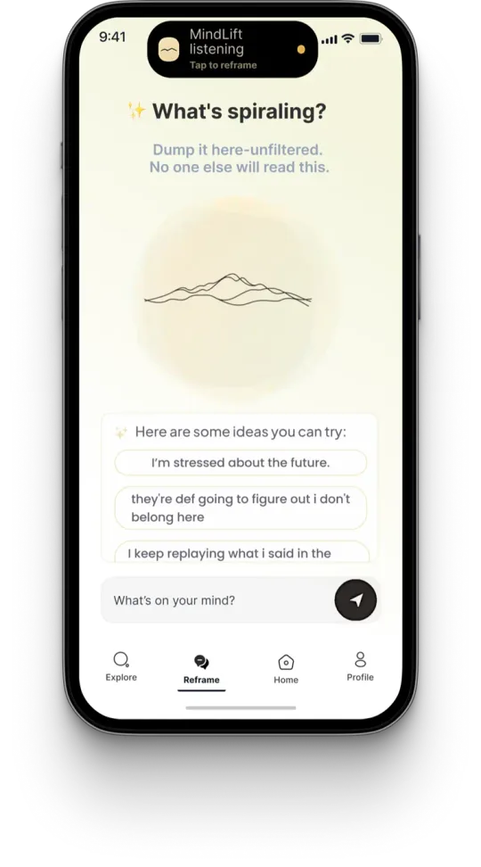 MindLift's Reframe tab: the heading asks 'What's spiraling?', a subline says 'Dump it here — unfiltered. No one else will read this', a line-drawn mountain sits inside a soft yellow circle, three example thoughts are offered as chips, and a text field at the bottom reads 'What's on your mind?'.