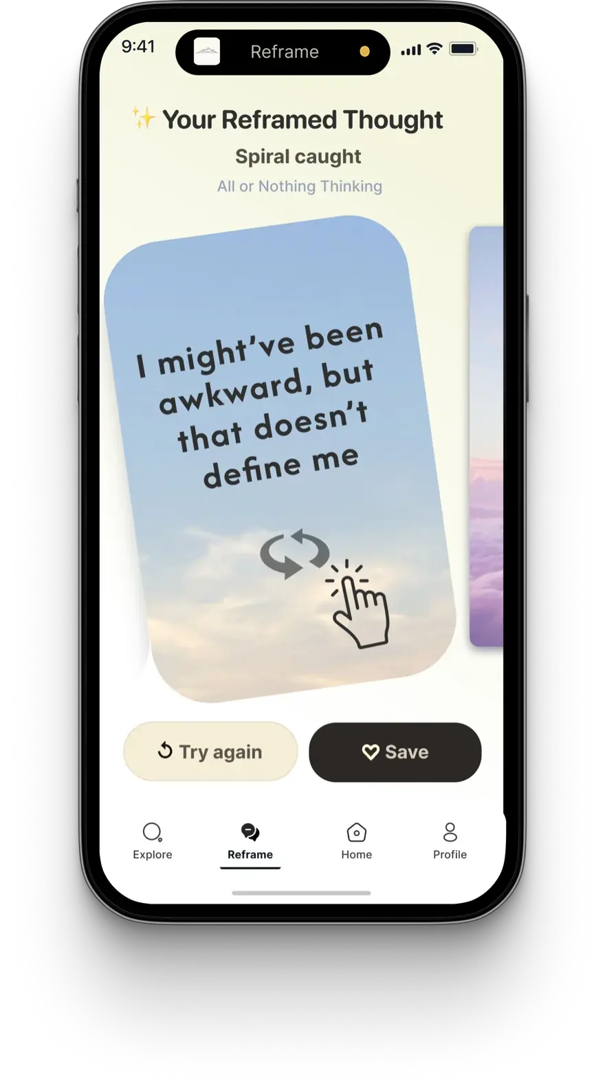 MindLift reframe screen showing a personalized response