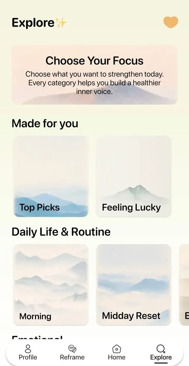 MindLift Explore screen with reframe categories