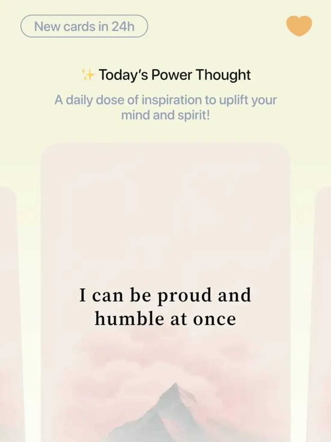 MindLift home screen showing Today's Power Thought on a card with a soft mountain theme