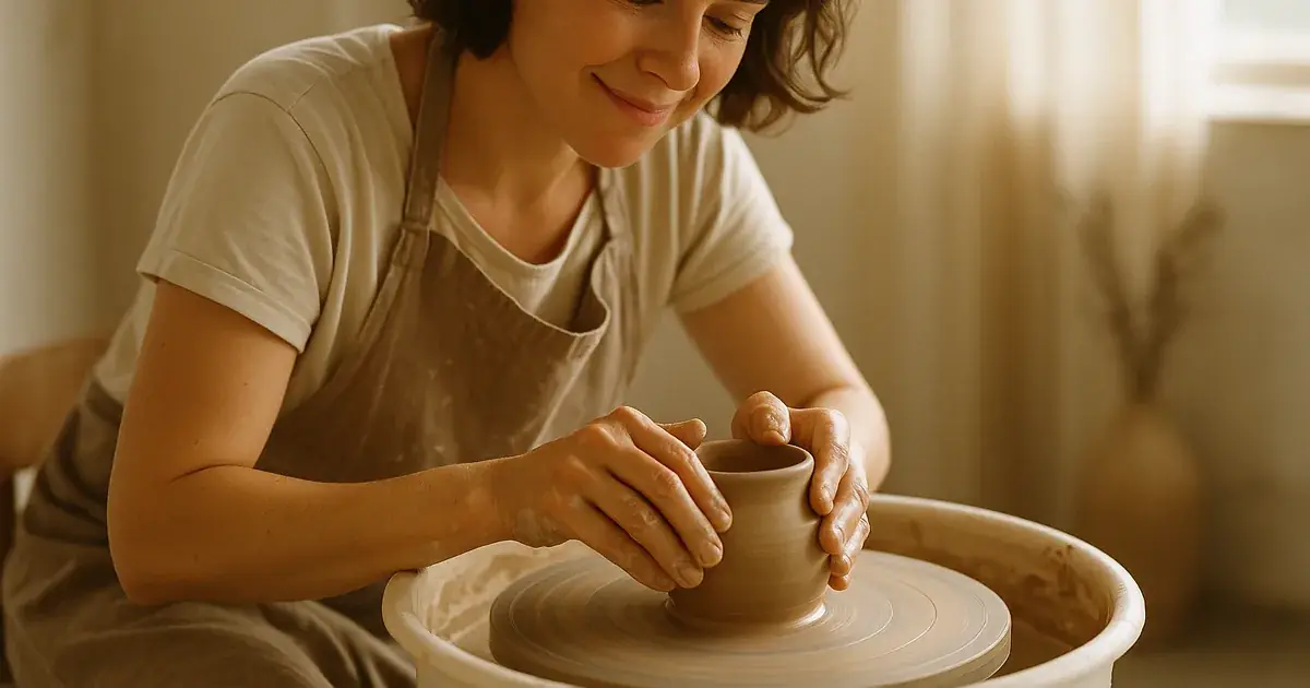 A woman in a clay-stained apron shapes a small pot on a pottery wheel, smiling as she works in a bright studio.
