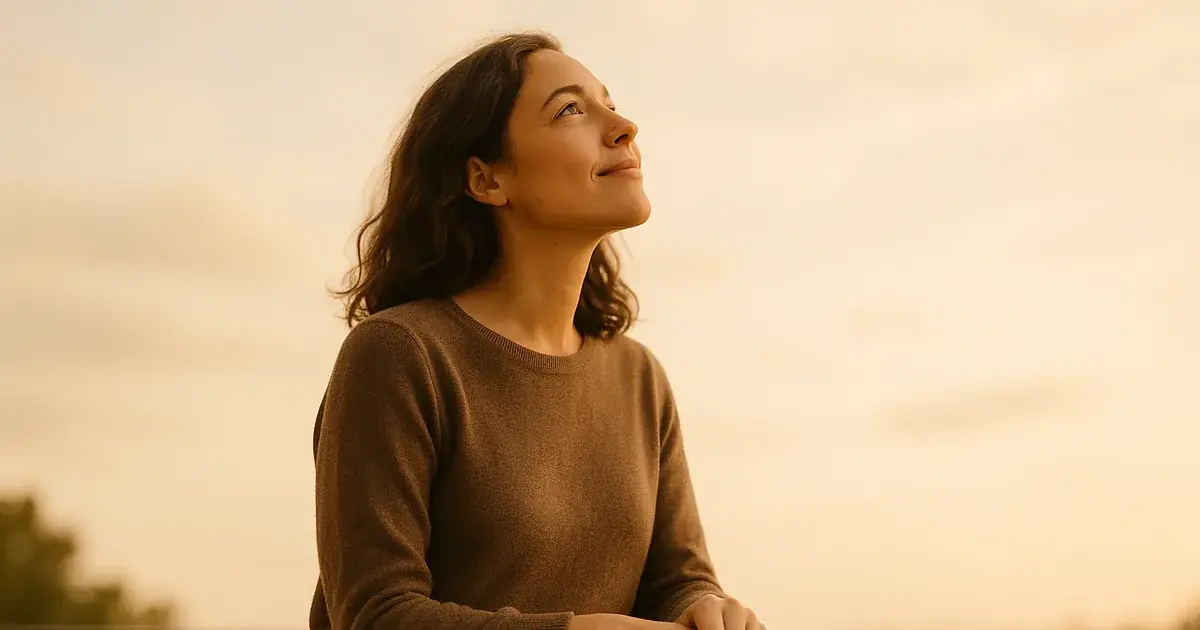 A woman in a brown sweater gazes up at a hazy golden sky at dusk, smiling, with treetops at the edge of the frame.